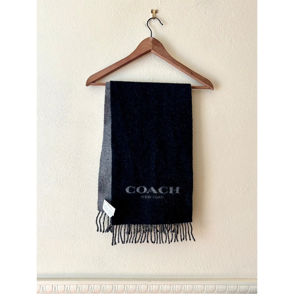 Coach Signature Bi-Color Logo Scarf Wool Cashmere Blend Black Grey Fringe 76053 - Picture 5 of 9